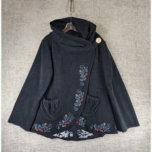 Greater Good Nepal Fleece Wrap Jacket Womens S/M Black Emroidered Fairy Boho